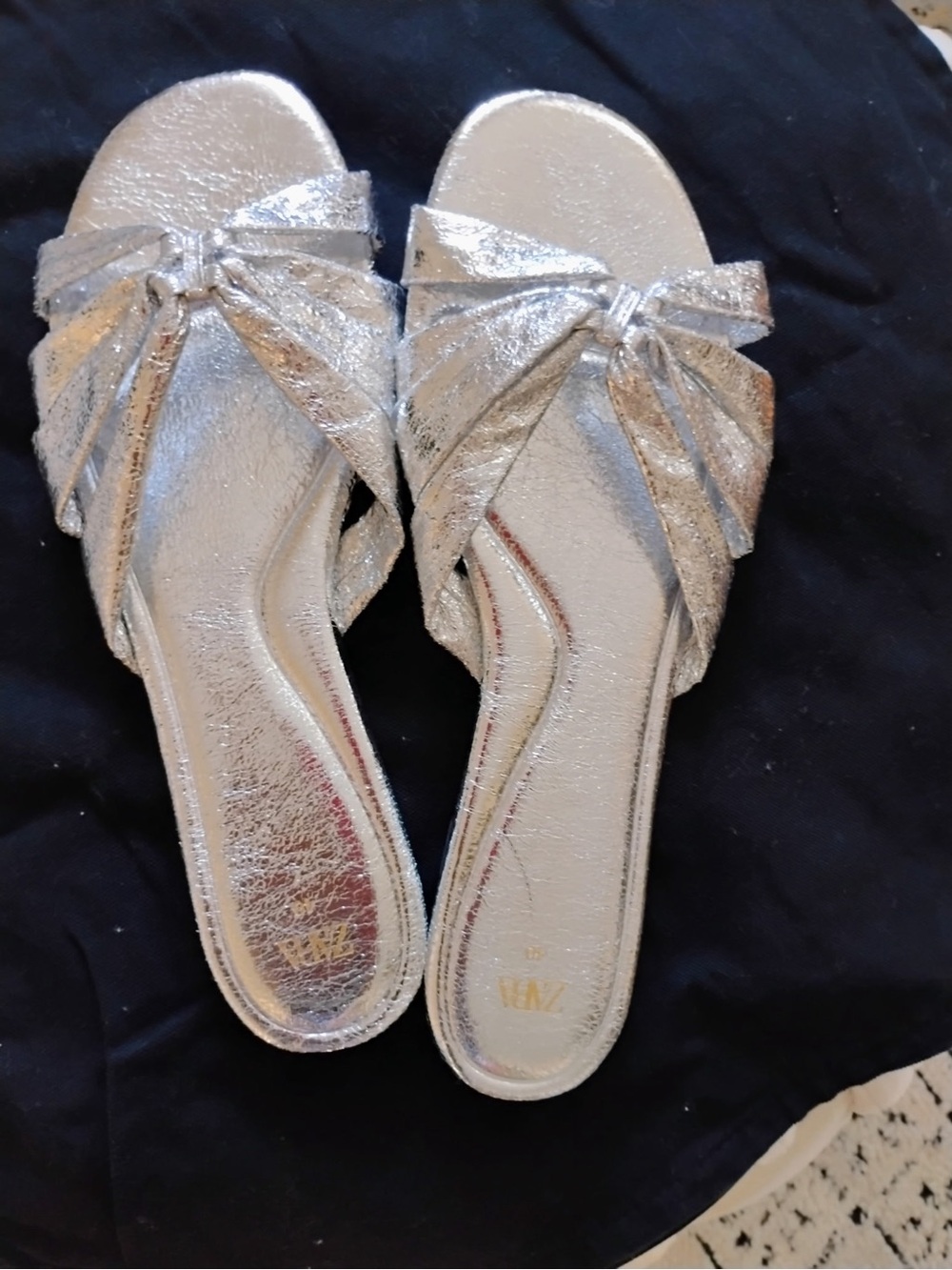 Zara Metallic Silver Bow Slide Sandals - Women's